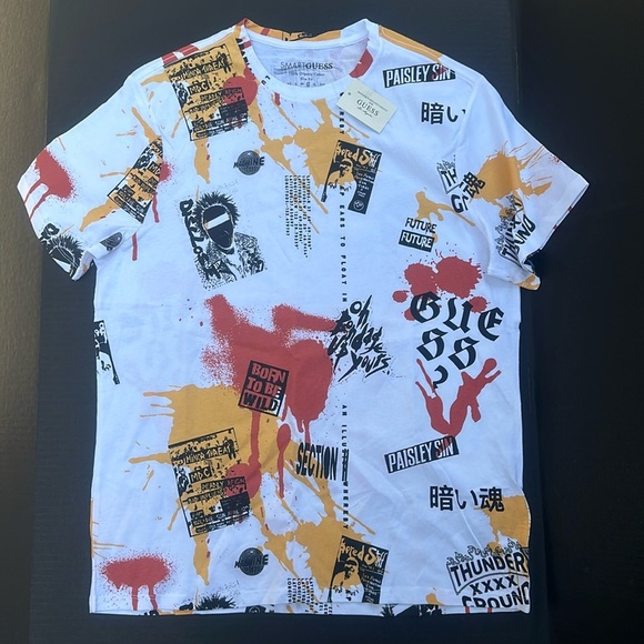 New GUESS T-shirt with multicolor print SZ L - Picture 2 of 8